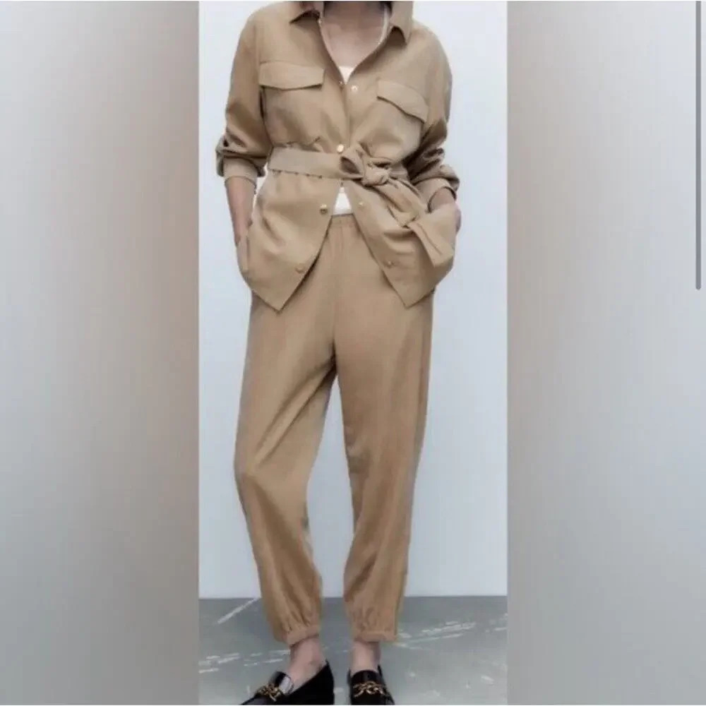 Zara High Rise Waist Jogger Pants Women's Size Small Ankle Zipper Beige Pull On‎